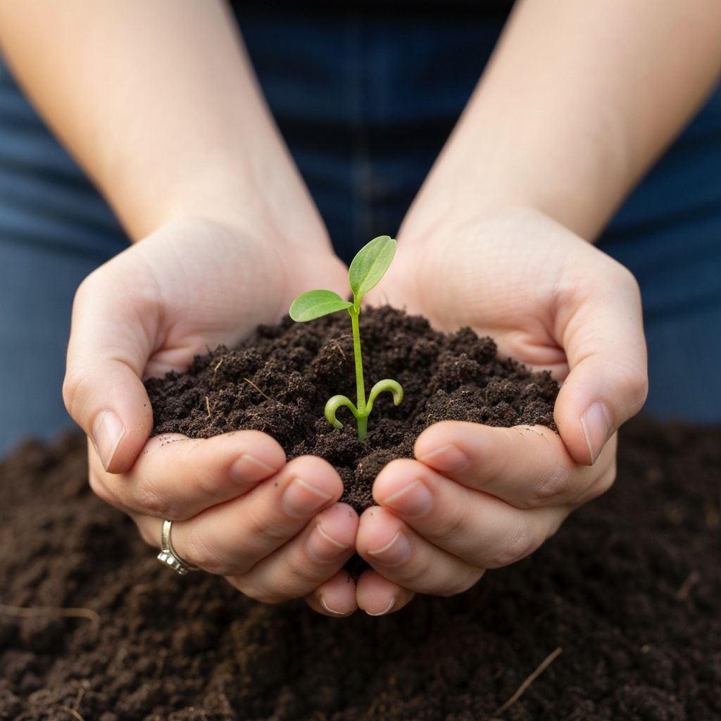 Hands holding soil with new growth