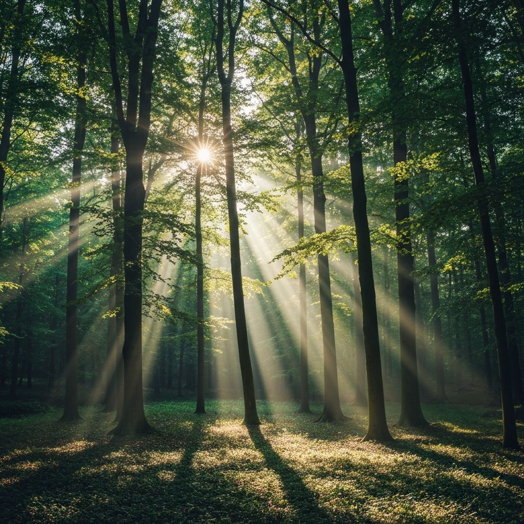 Sunlit forest with tall trees and green leaves